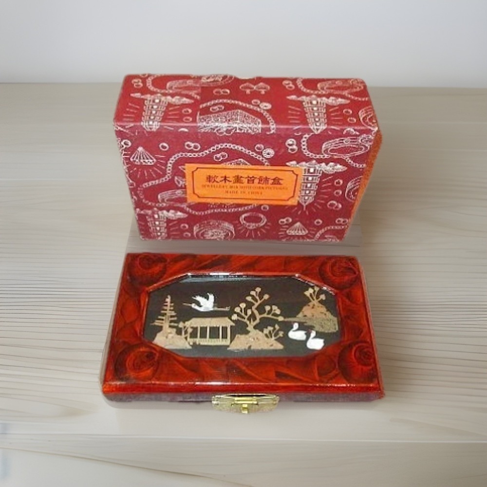 Vintage Chinese Wood Jewelry Box Velvet Lined Glass Lid Pagoda Bird NEW With Box